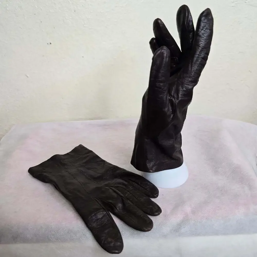 Vintage Women's Brown Leather Gloves 100% Pure Silk Lining Made in England